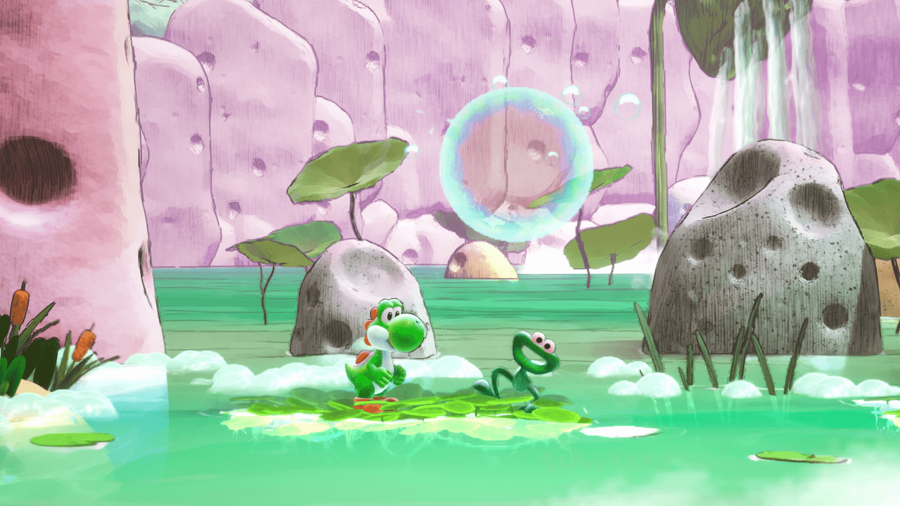 Yoshi explores a watery habitat with a bubble-making creature