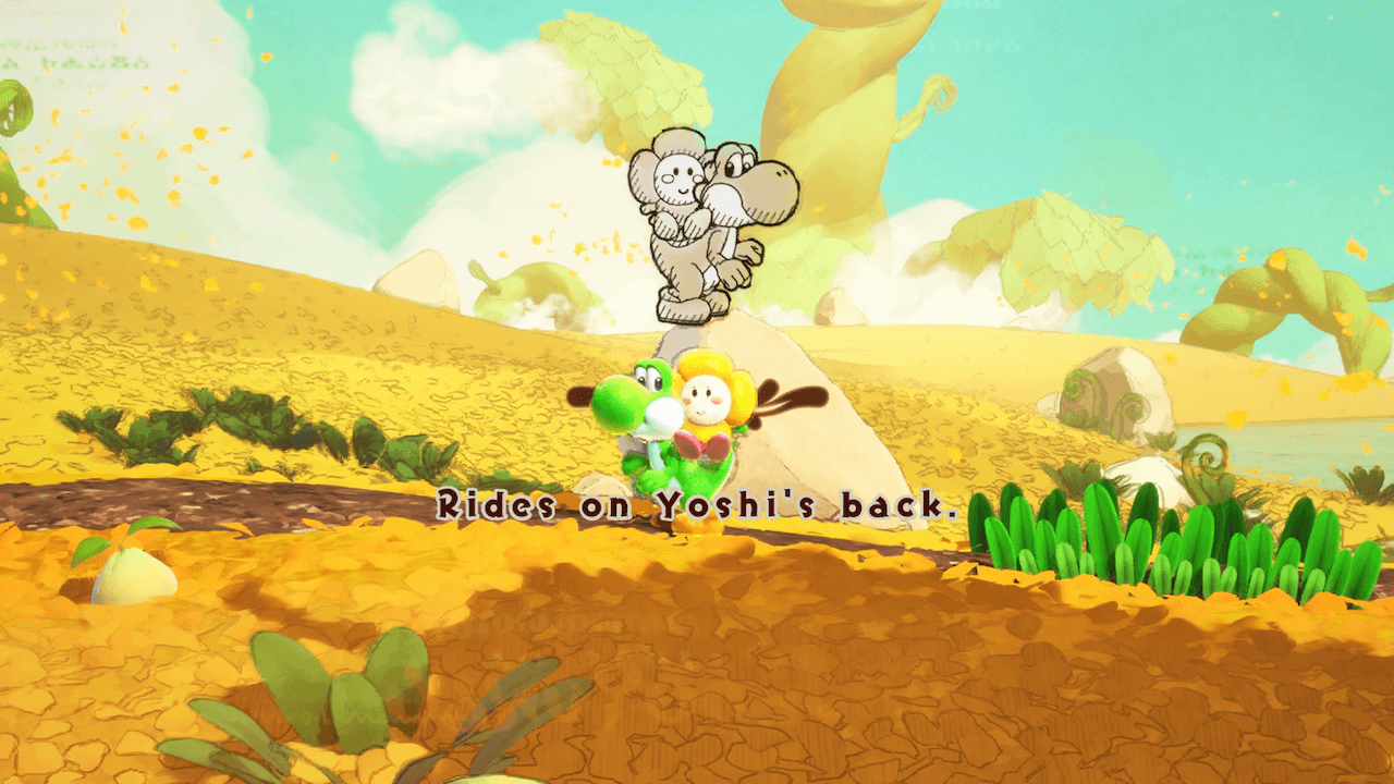 A creature rides on Yoshi's back during an early Wildwoods discovery